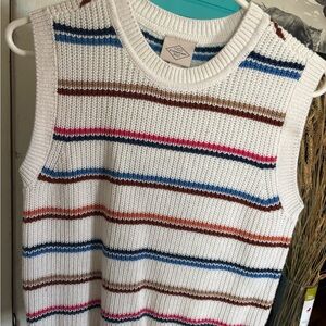 St. John's Bay Cream-Striped Knit Sweater Vest with Blue, Brown & Pink Accents